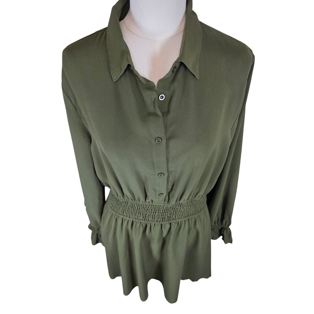 NWT XL Cupshe Button-Front Smocked Waist Long Sleeve Unlined Dress Olive Green - Picture 2 of 11